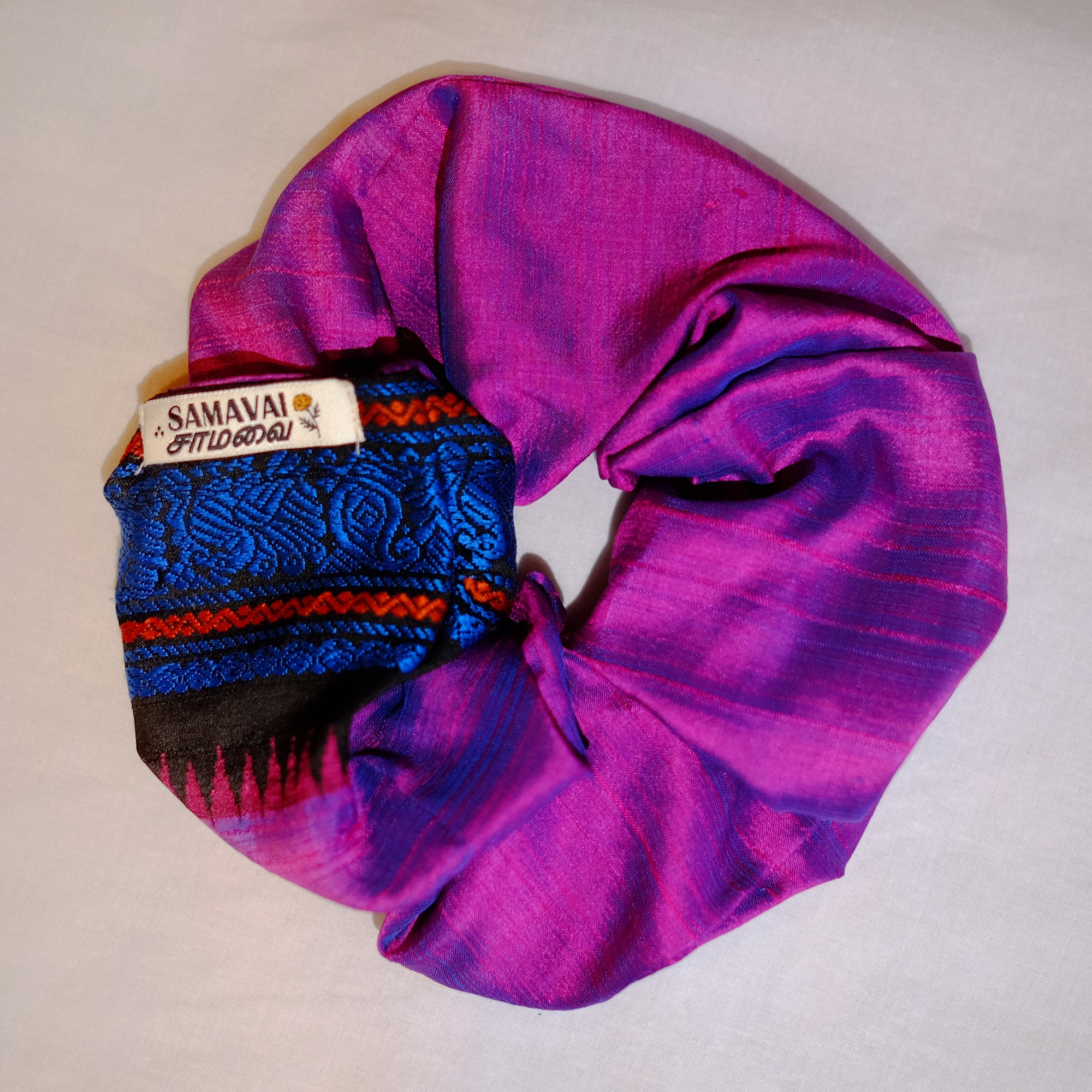 Saroja Scrunchie - Fuchsia & Blue Silk